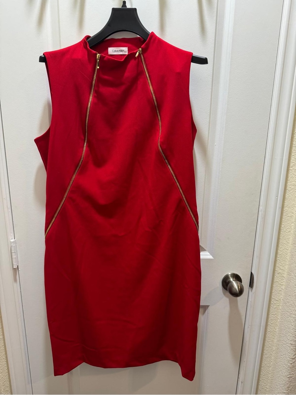 Calvin Klein Red Sleeveless Sheath Dress with Gold Zipper Accents